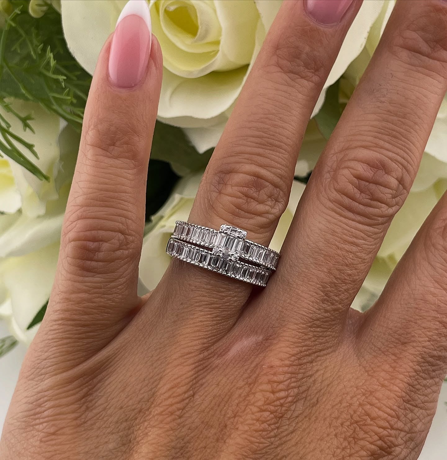 925 Sterling Silver Baguette Cz Ladies Ring Set