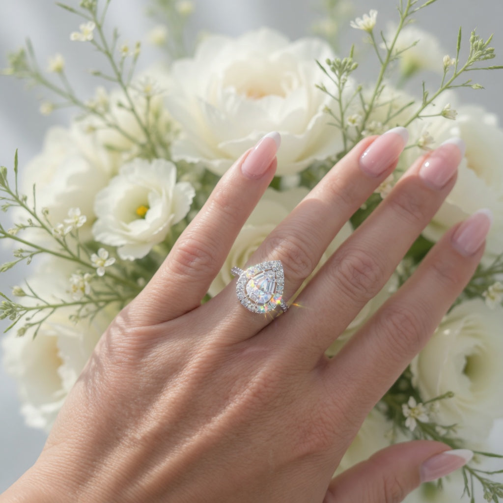 925 Sterling Silver Radiant Pear Shaped Round & Baguette CZ Cluster Ring