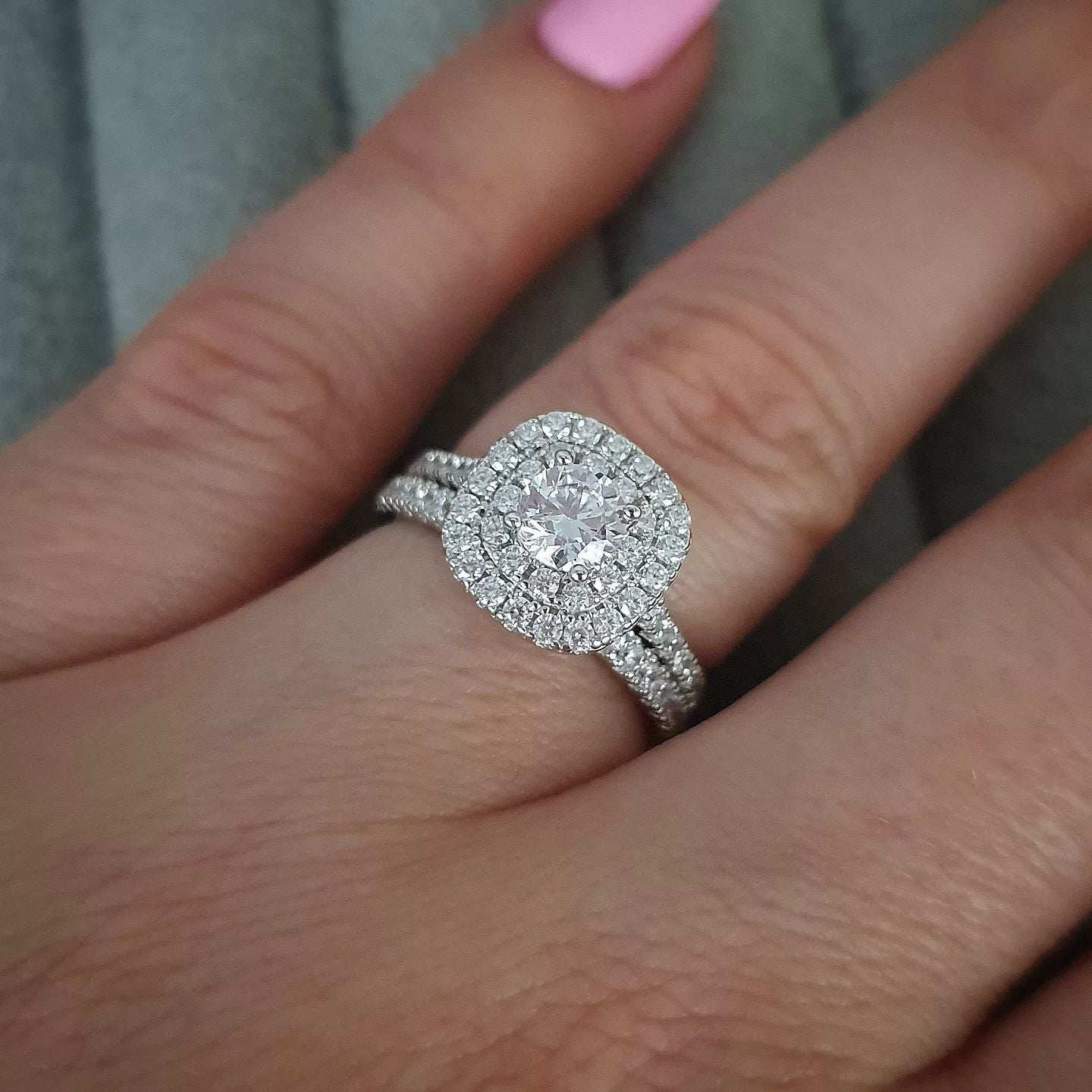 925 Sterling Silver Round Centre Double Cubic Zirconia Halo Ring Set ...