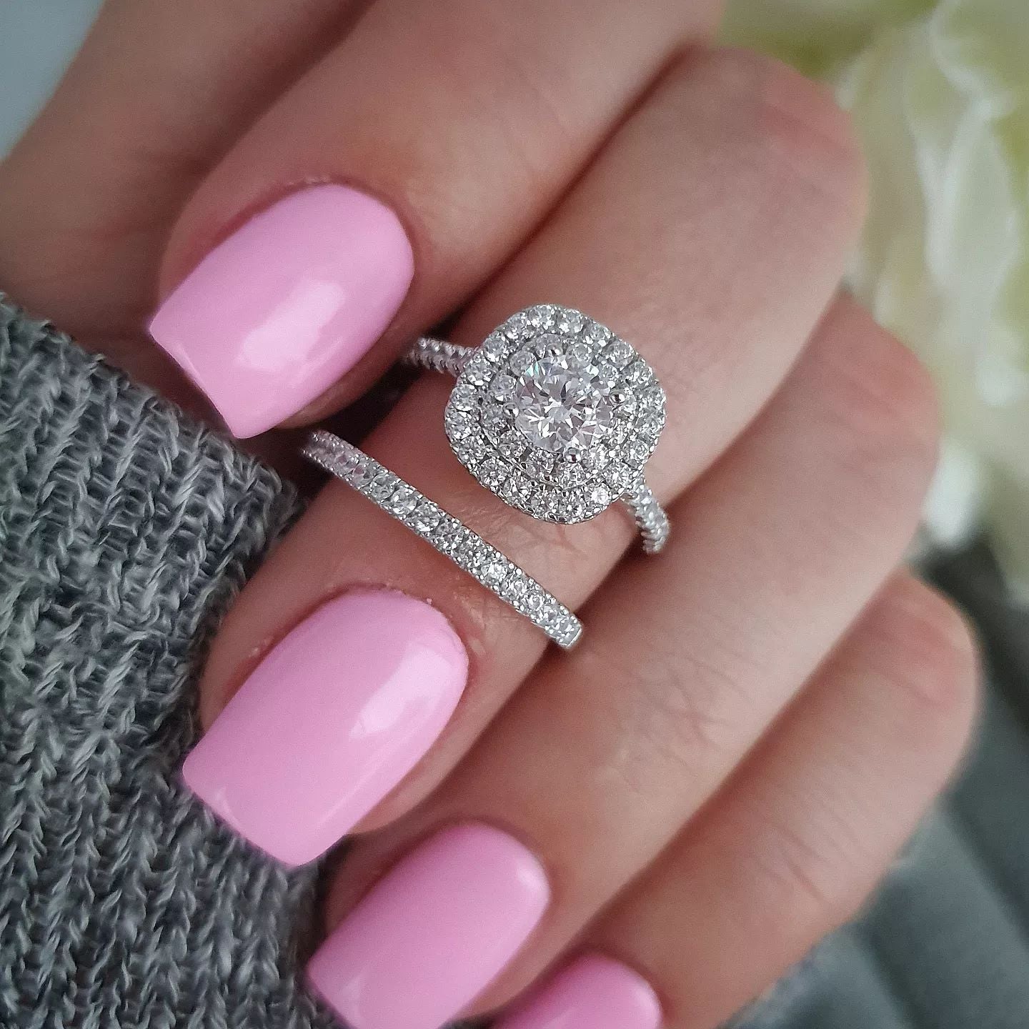 925 Sterling Silver Round Centre Double Cubic Zirconia Halo Ring Set ...