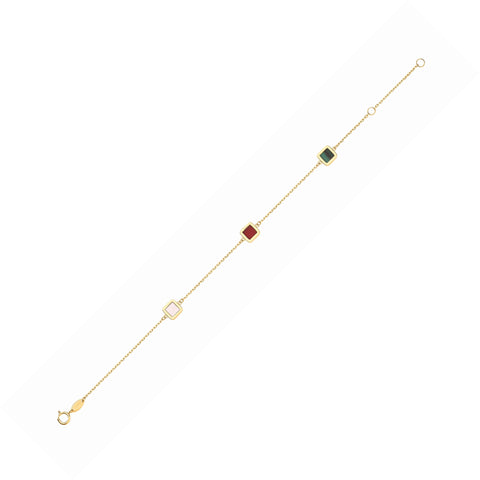 9ct Yellow Gold Rubover Squares, White Mother Of Pearl, Red Carneol & Green Malachite 18"Necklace/07" Bracelet