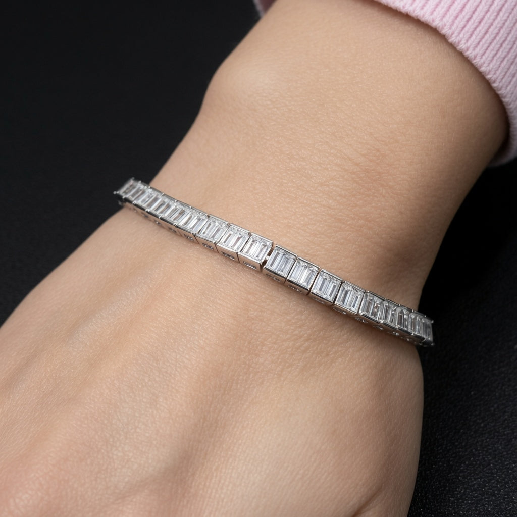 925 Sterling Silver Baguette Cut Cz Ladies Tennis Bracelet 7"