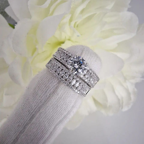 925 Sterling Silver Round & Marquise Cz Ring Set