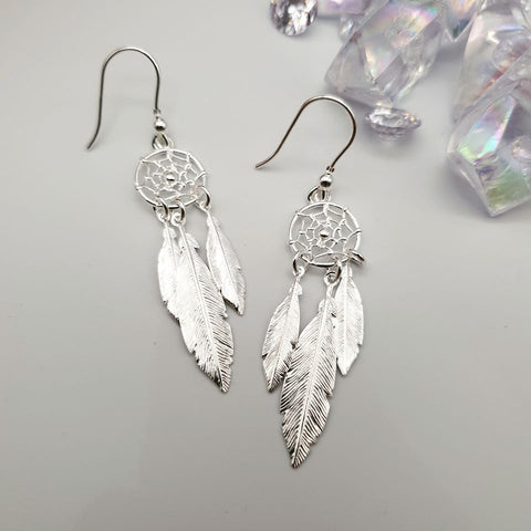 925 Sterling Silver Triple Feather Drop Earrings