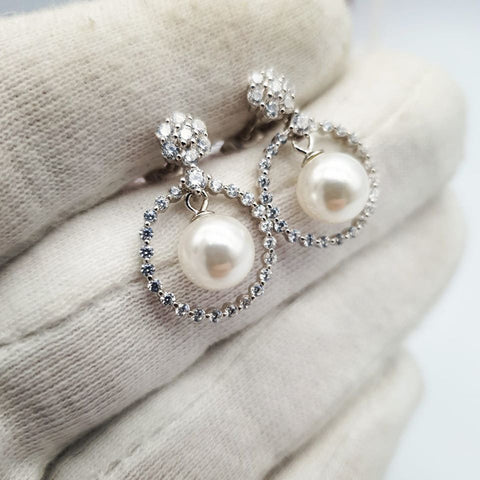 925 Sterling Silver Pearl and Cz Circle Drop Earrings