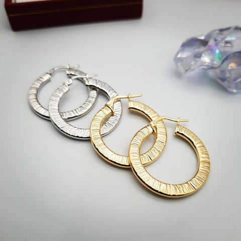 925 Sterling Silver Yellow Gold Coated 30mm Ribbed Hoop Earrings