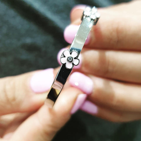 925 Sterling Silver Pink Enamel & CZ Flowers Expandable Child's Bangle