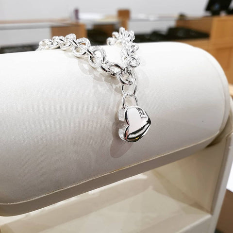 925 Sterling Silver Heart Charm 7.5" Ladies Bracelet with Chunky Link Chain