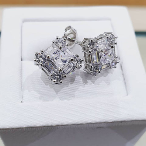925 Sterling Silver Baguette Cut Cluster Stud Earrings