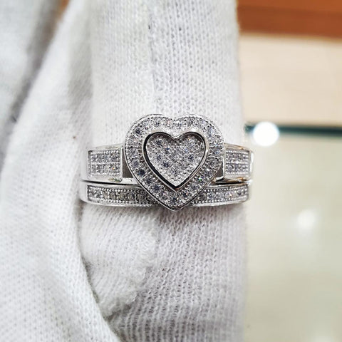 925 Sterling Silver Pave Set Cz Heart Ring & Eternity Band Set