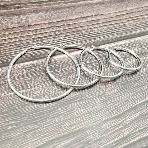 925 Sterling Silver Thick Round Hoop Earrings 36mm-65mm (3mm thick)