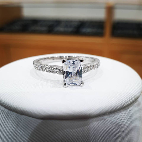 925 Sterling Silver Emerald Cut Cz Solitaire with Pave Set Shoulders Ring
