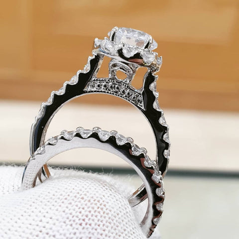 925 Sterling Silver Round Halo Bridal Set Cz Ring Set 