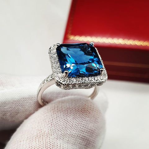 925 Sterling Silver Blue Topaz Cz Cocktail Ring