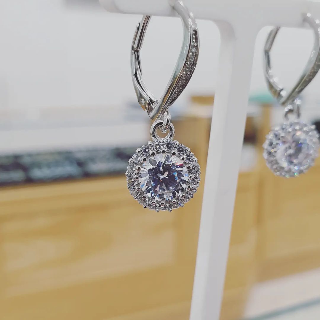 925 Sterling Silver Round Halo Earrings Lever Back