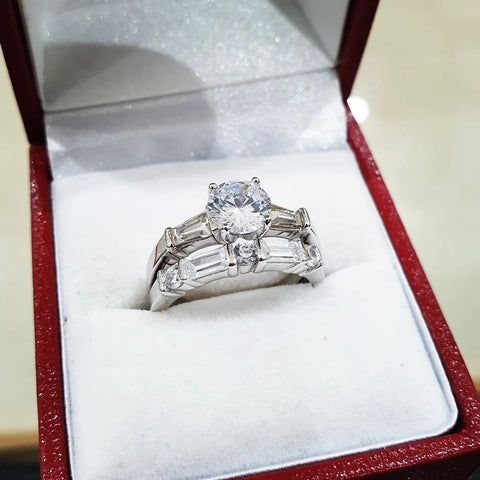 925 Sterling Silver Round & Baguette Cut Bridal Ring Set