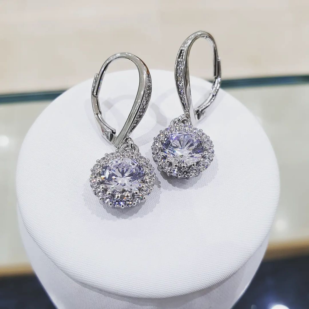 925 Sterling Silver Round Halo Earrings Lever Back