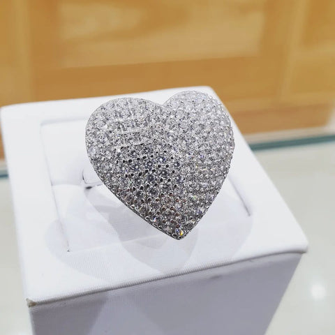 925 Sterling Silver Large Heart Pave Cluster Ring