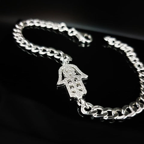 925 Sterling Silver Cz Hamsa Curb Chain Bracelet 7"