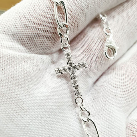 925 Sterling Silver Figaro Chain with Cz Cross Bracelet