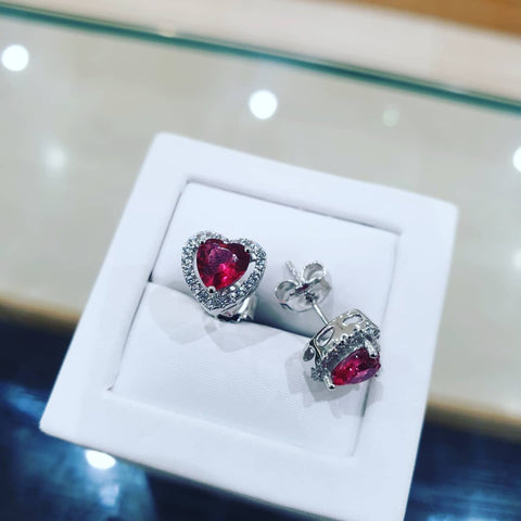 925 Sterling Silver Ruby Cz Halo Heart Stud Earrings