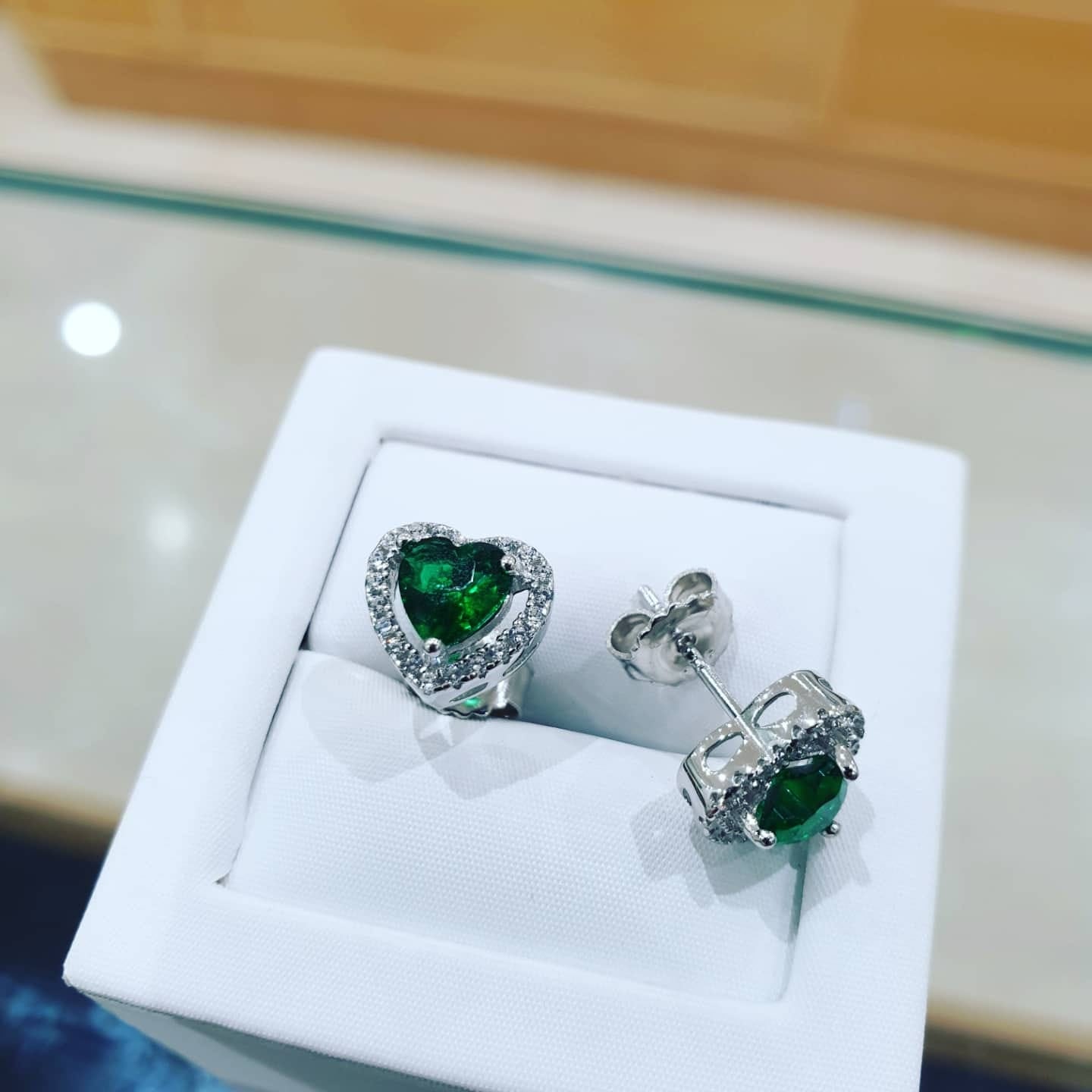 925 Sterling Silver Emerald Green Cubic Zirconia Halo Heart Stud Earrings