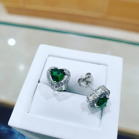925 Sterling Silver Green Cz Halo Heart Stud Earrings