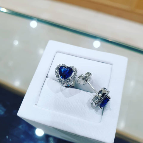 925 Sterling Silver Blue Sapphire Cz Heart Halo Stud Earrings