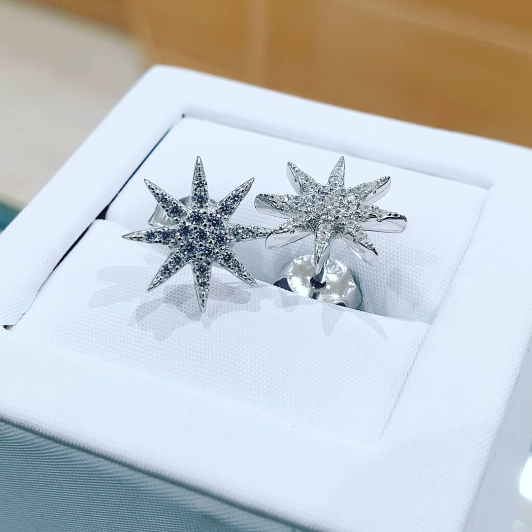 925 Sterling Silver Starburst Cubic Zirconia Stud Earrings