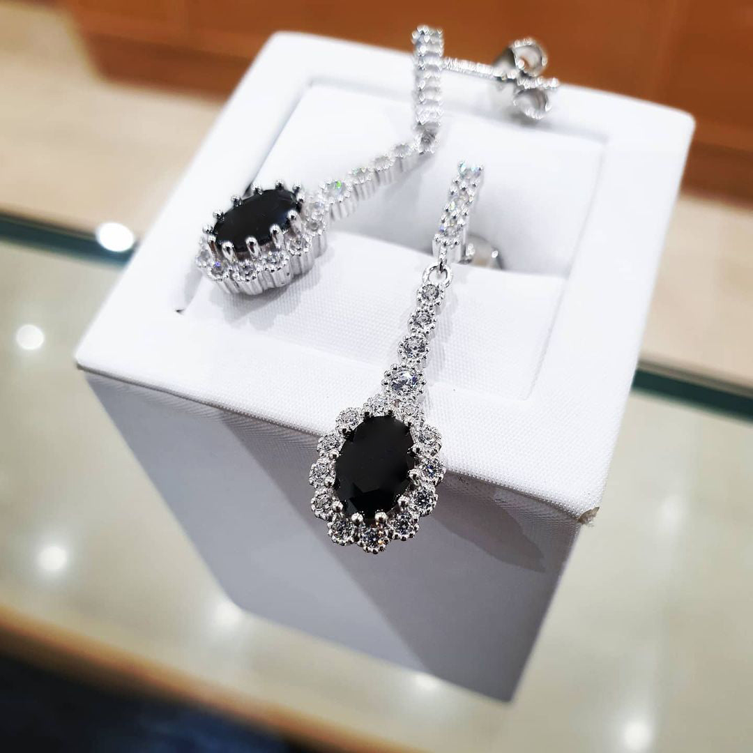 925 Sterling Silver Black Cluster Cubic Zirconia Drop Earrings