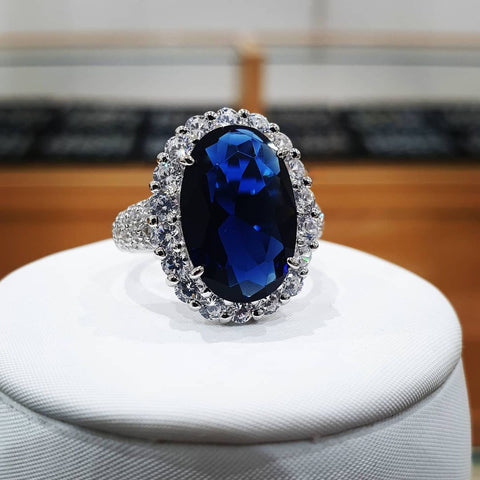 925 Sterling Silver Oval Blue Sapphire Cz Cocktail Ring