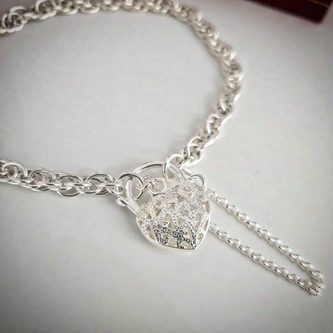 925 Sterling Silver Padlock Charm Bracelet with Safety Chain