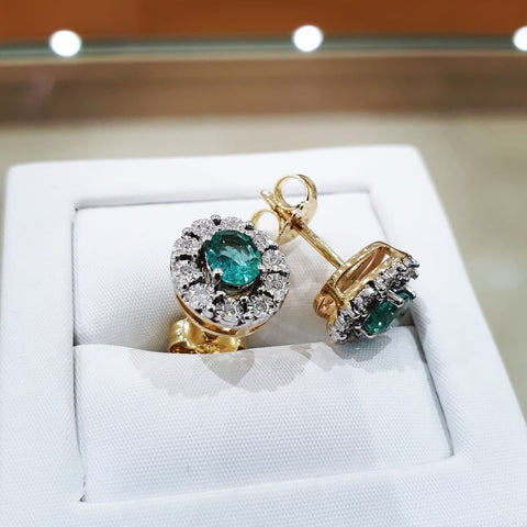 9ct Yellow Gold 0.60ct Emerald and Diamond Halo Oval Stud Earrings