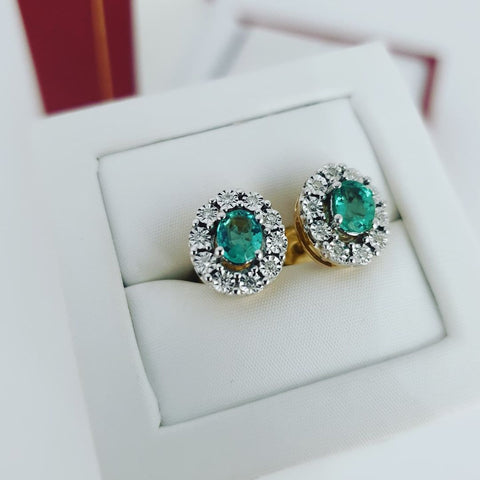 9ct Yellow Gold 0.60ct Emerald and Diamond Halo Oval Stud Earrings