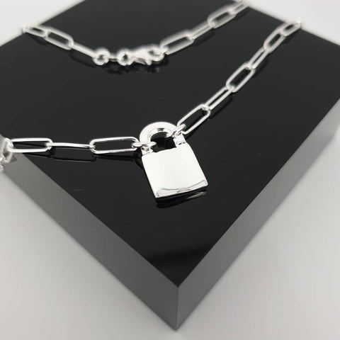 925 Sterling Silver Paperclip Chain & Padlock Charm Necklace