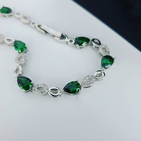 925 Sterling Silver Green Teardrop CZ's Silver Ladies Bracelet