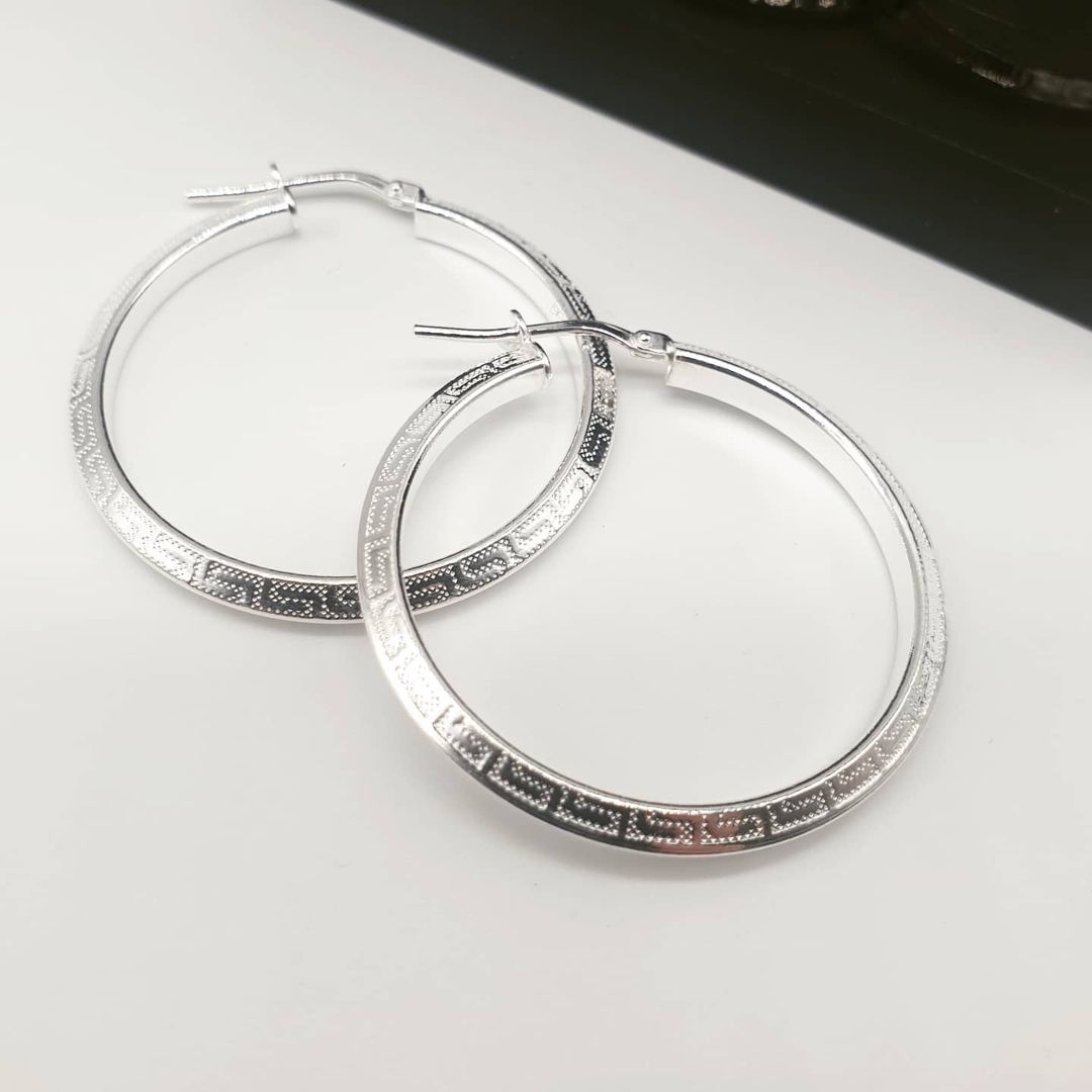 925 Sterling Silver Greek Key 35mm Hoop Hollow Earrings