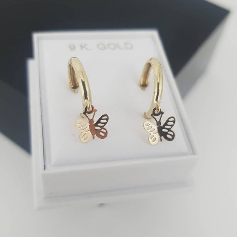 9ct Yellow Gold Diamond Cut Hoop Studs with Butterfly Drop