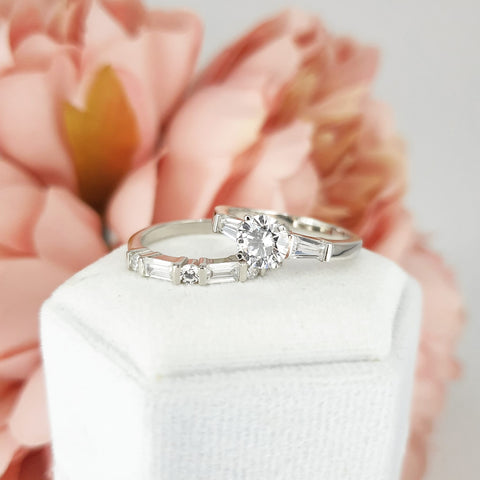 925 Sterling Silver Round & Baguette Cut Bridal Ring Set