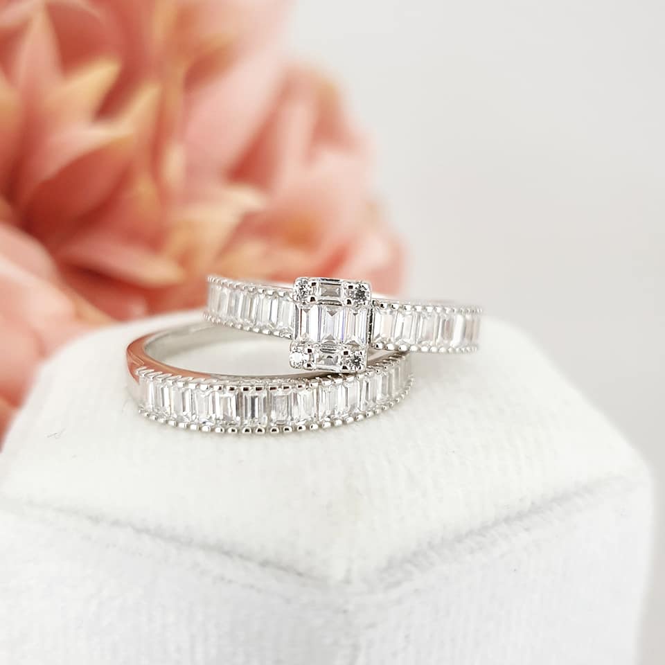 925 Sterling Silver Baguette Cz Ladies Ring Set