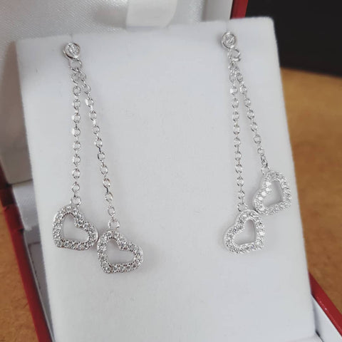 925 Sterling Silver 2-Strand Cz Hearts Drop Earrings