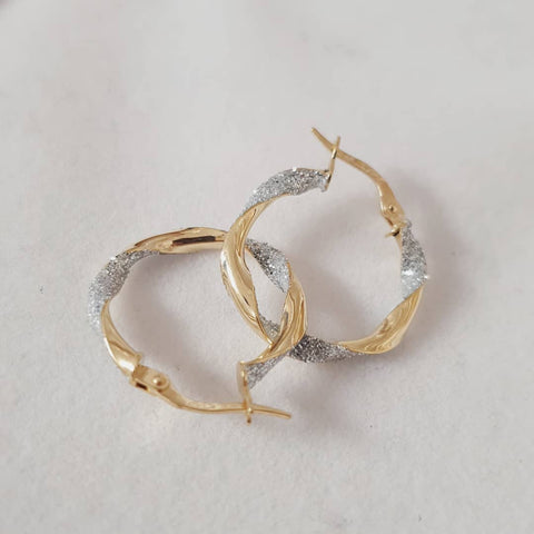 9ct Yellow & White Gold Glitter Finish Twisted Small Hoop Earrings