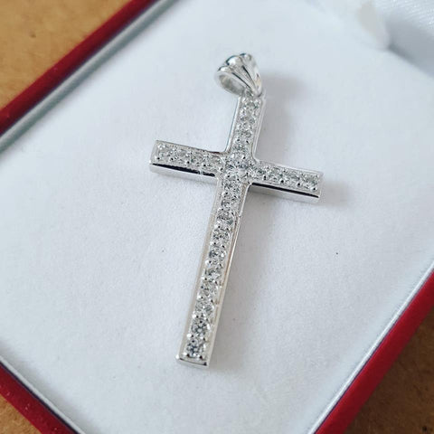 925 Sterling Silver Cz Cross with Silver Curb Chain