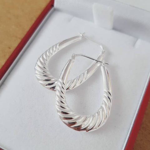 925 Sterling Silver Twisted Ridge Oval Creoles