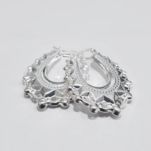 925 Sterling Silver Embossed Hinged Oval Creoles