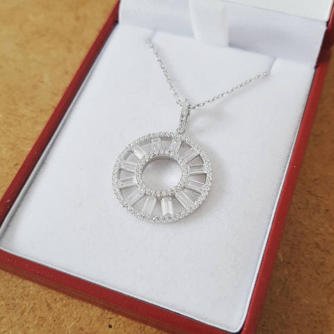 925 Sterling Silver Circle of Life Round & Baguette Cz Pendant with 18" Chain