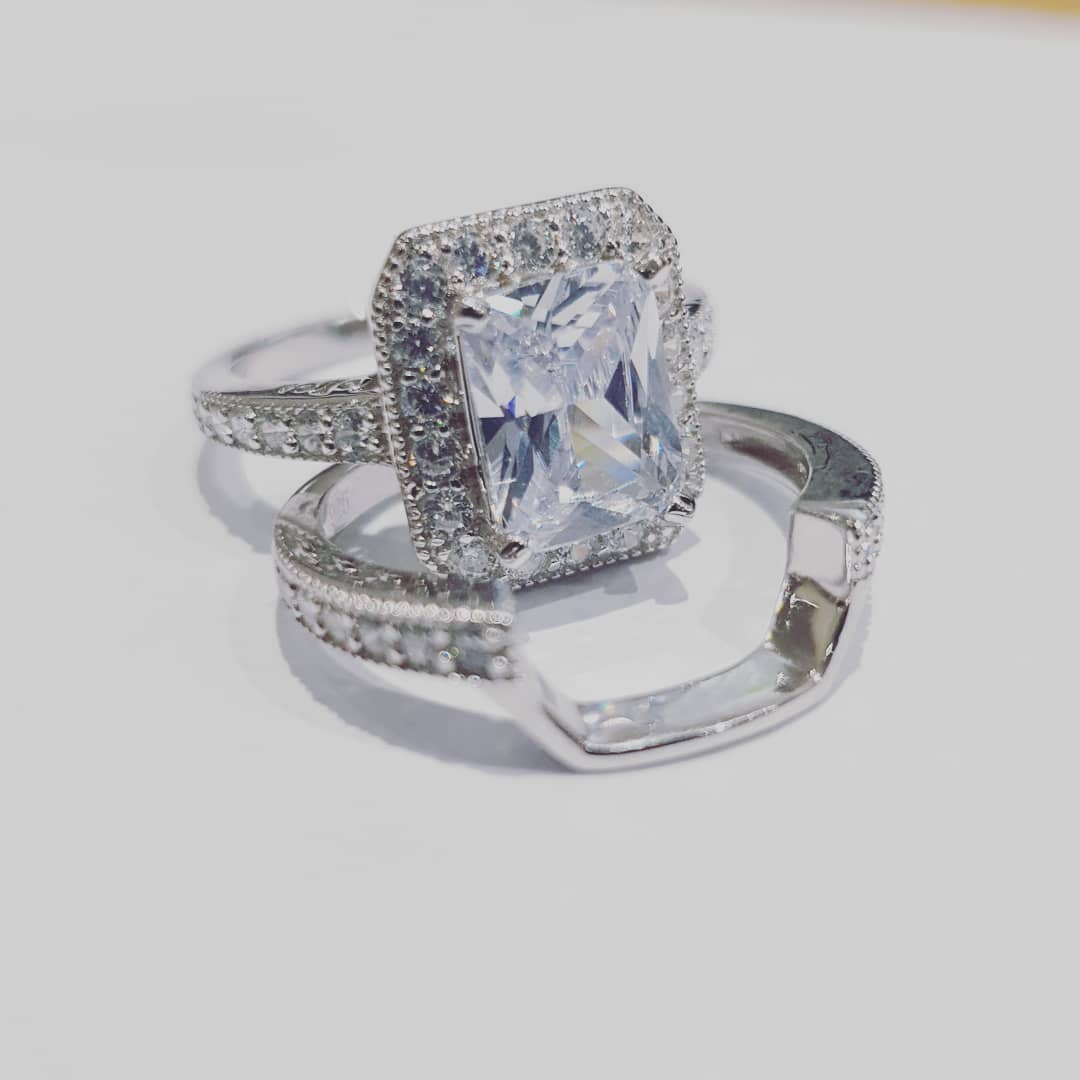 925 Sterling Silver Bridal Set Cz Emerald Cut Centre Ring Set