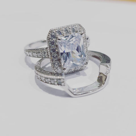 925 Sterling Silver Bridal Set Cz Emerald Cut Centre Ring Set