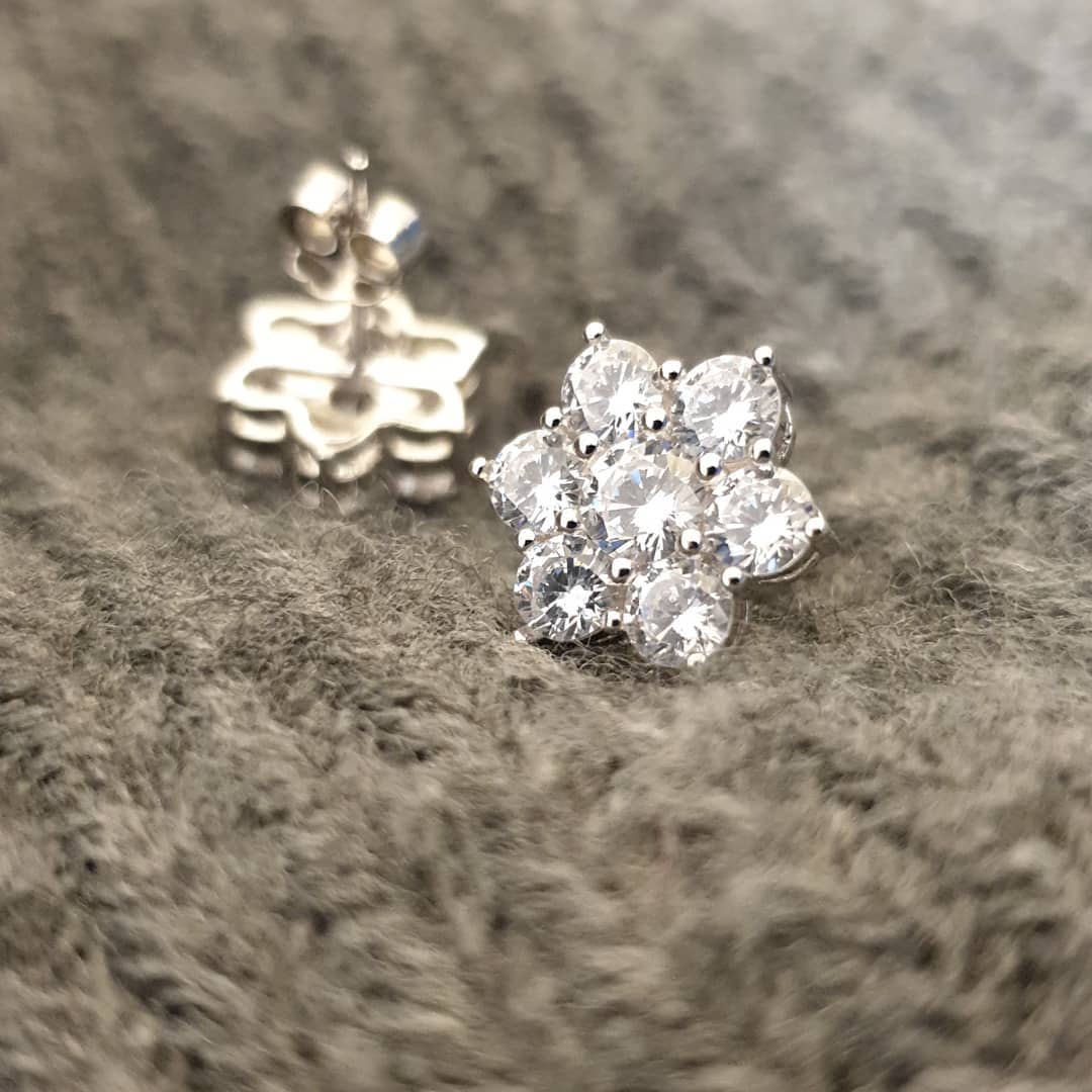 925 Sterling Silver Fancy Cluster Cubic Zirconia Stud Earrings