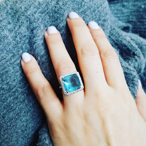 925 Sterling Silver Blue Topaz Cz Cocktail Ring